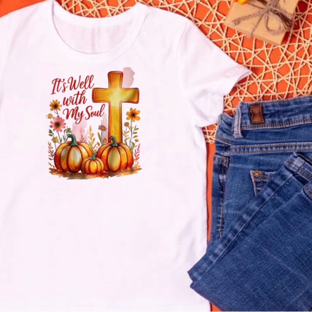White Shirt with Pumpkin and Cross Design